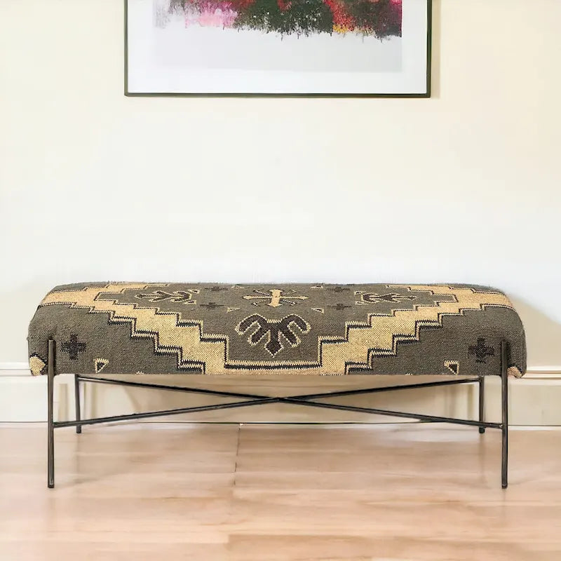 HomeRoots 55 Green Brown and Black Upholstered Abstract Cotton Blend Bench - 55