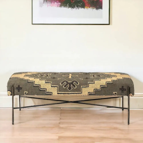 HomeRoots 55 Green Brown and Black Upholstered Abstract Cotton Blend Bench - 55