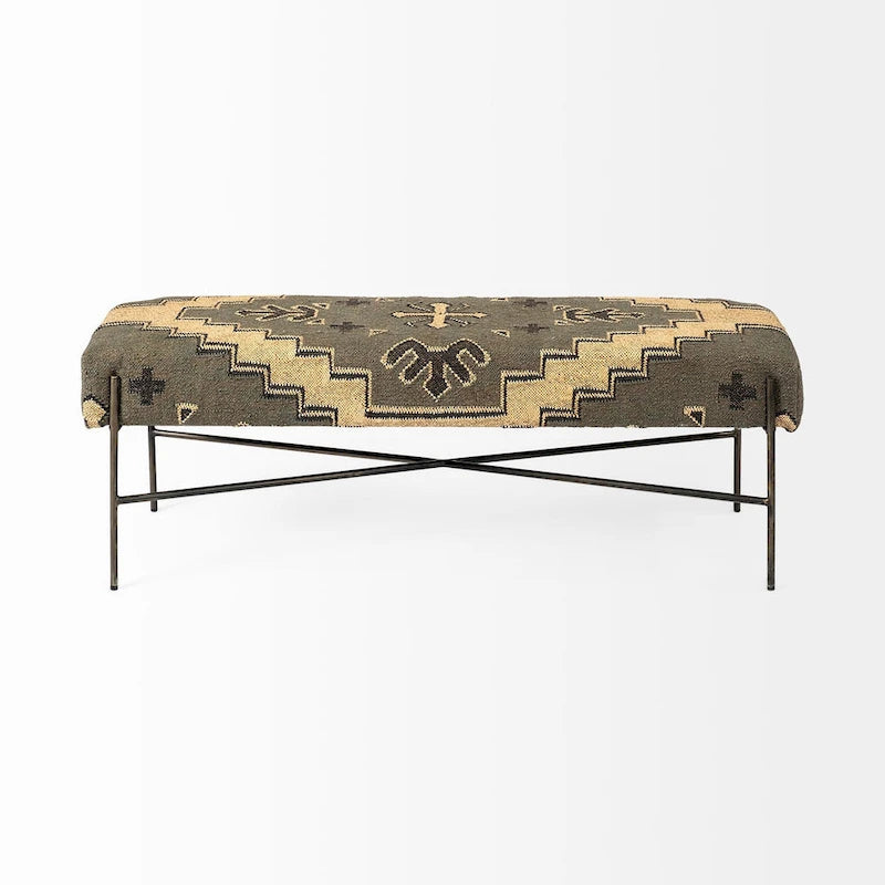 Banc rembourré abstrait en mélange de coton vert, marron et noir de 55 po – 55