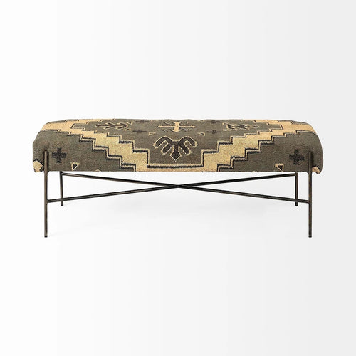 Banc rembourré abstrait en mélange de coton vert, marron et noir de 55 po – 55