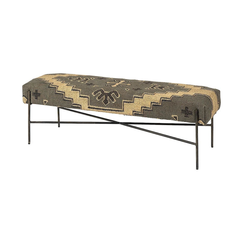 Banc rembourré abstrait en mélange de coton vert, marron et noir de 55 po – 55