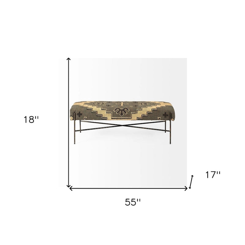 Banc rembourré abstrait en mélange de coton vert, marron et noir de 55 po – 55