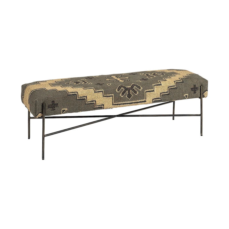 Banc rembourré abstrait en mélange de coton vert, marron et noir de 55 po – 55