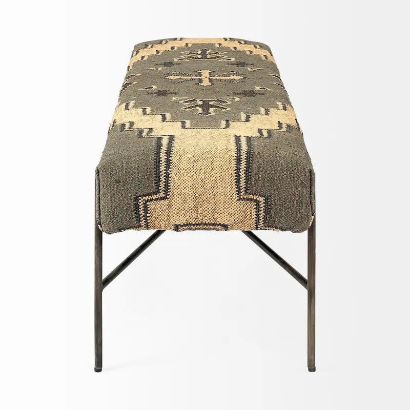 Banc rembourré abstrait en mélange de coton vert, marron et noir de 55 po – 55