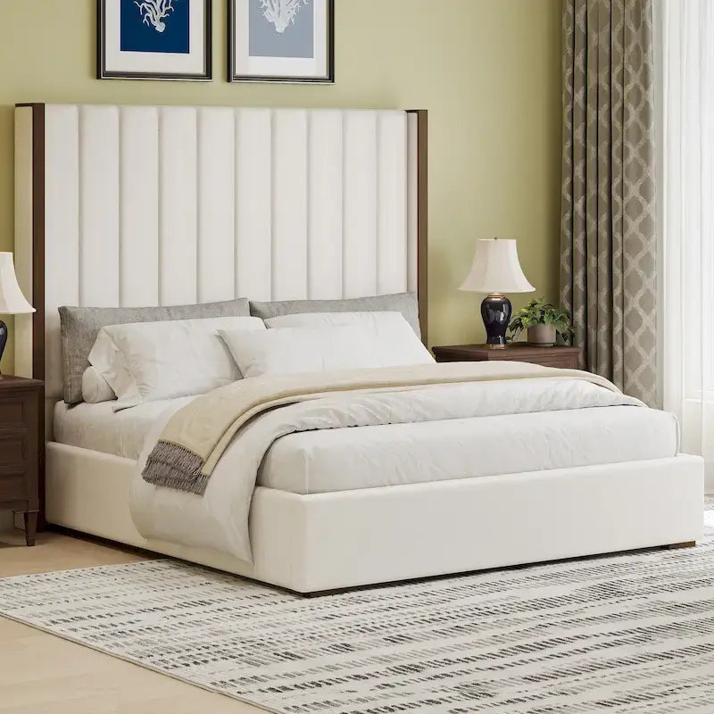 Lit King Size capitonné, tête de lit de 171 cm de haut, oreilles, rayures verticales, sommier requis