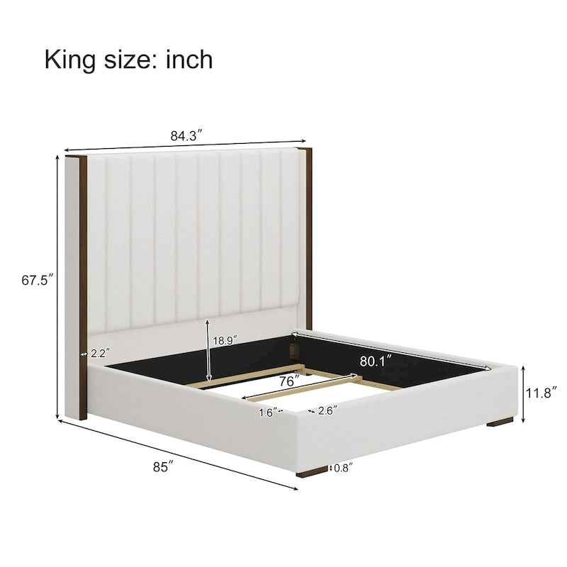 Lit King Size capitonné, tête de lit de 171 cm de haut, oreilles, rayures verticales, sommier requis