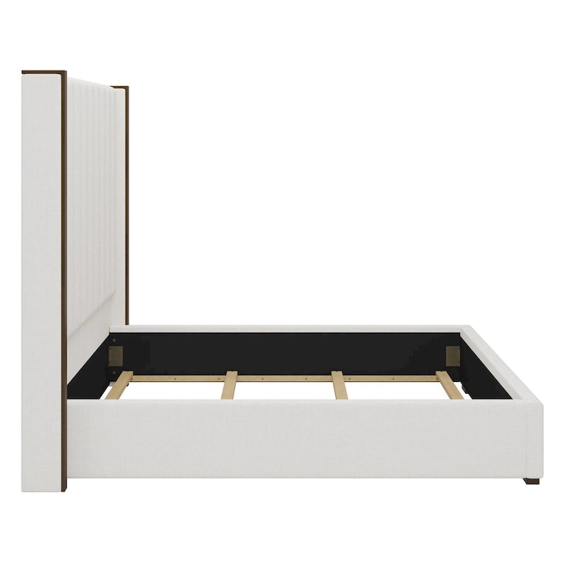 Lit King Size capitonné, tête de lit de 171 cm de haut, oreilles, rayures verticales, sommier requis