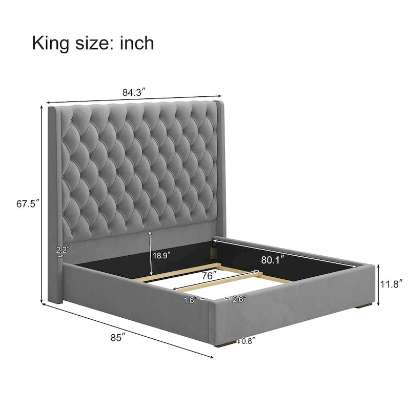 Lit King Size capitonné, tête de lit de 171 cm de haut, oreilles, rayures verticales, sommier requis
