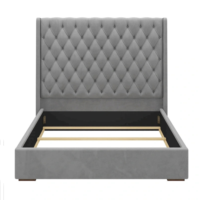 Lit King Size capitonné, tête de lit de 171 cm de haut, oreilles, rayures verticales, sommier requis