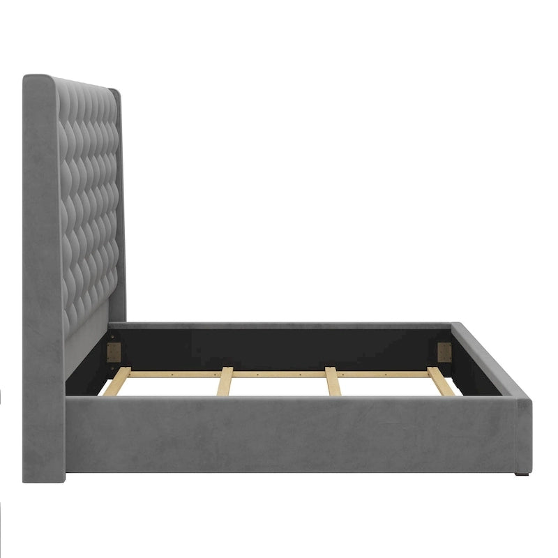 Lit King Size capitonné, tête de lit de 171 cm de haut, oreilles, rayures verticales, sommier requis