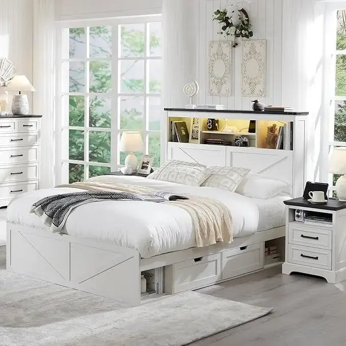Farmhouse Full Size Wood Bed Frame with Storage Headboard and Drawers