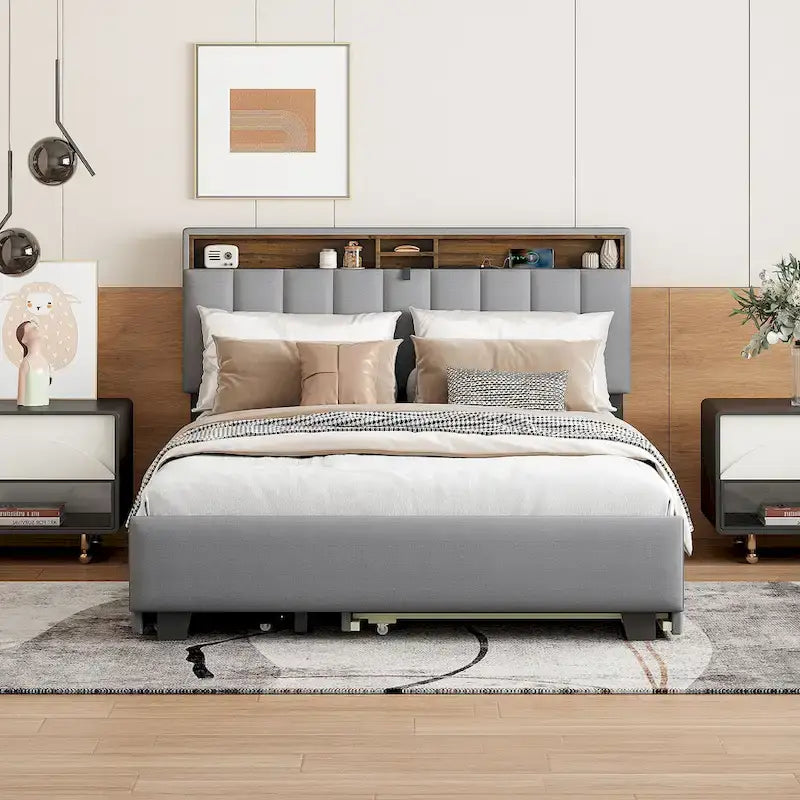 Queen Size Upholstered Platform Bed w/ Storage Headboard, Twin XL Size Trundle & 2 Drawers & USB Ports, Linen Fabric, Gray