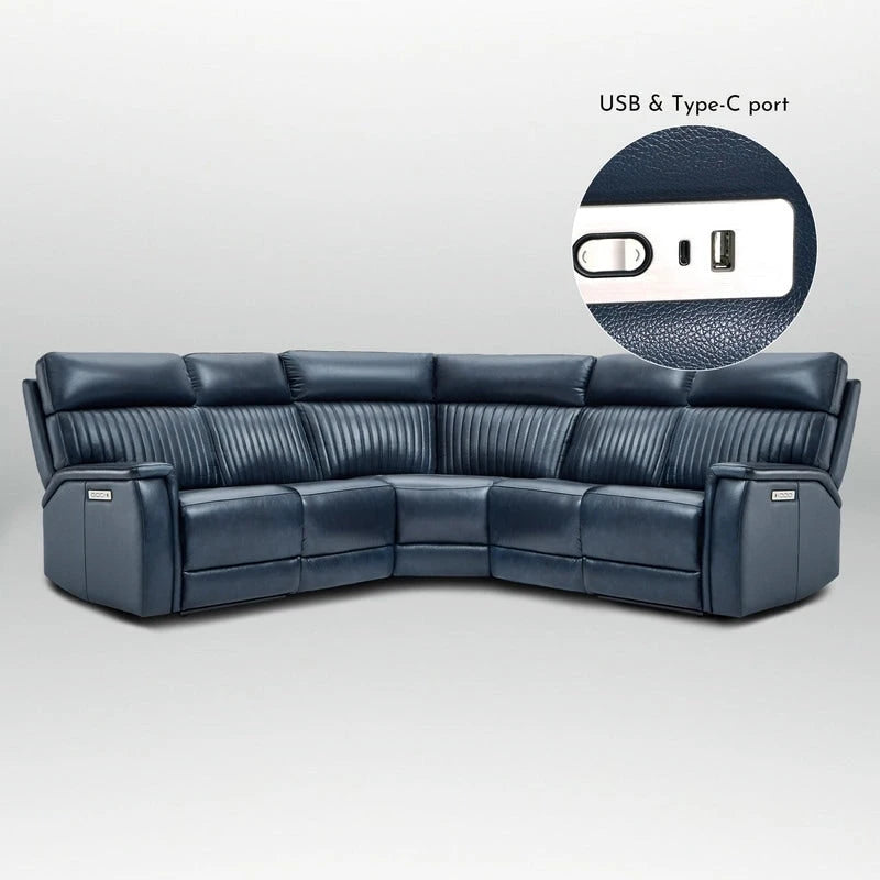 Canapé d'angle inclinable électrique en cuir véritable de 105 po de largeur avec port USB et USB-C, fauteuil sans accoudoirs électrique