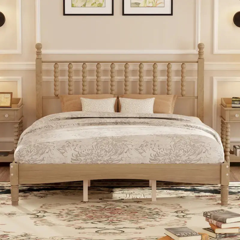 Retro Style Wood Platform Bed with Gourd Shaped Headboard,Queen Size