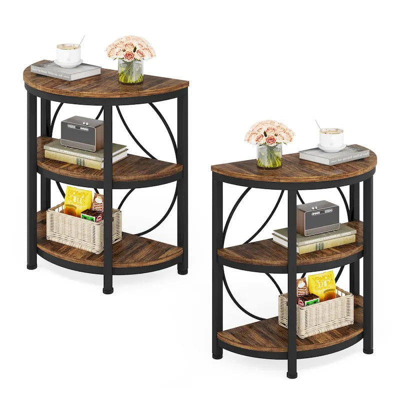3-Tier Half Round End Table with Storage Shelves & Metal Frame
