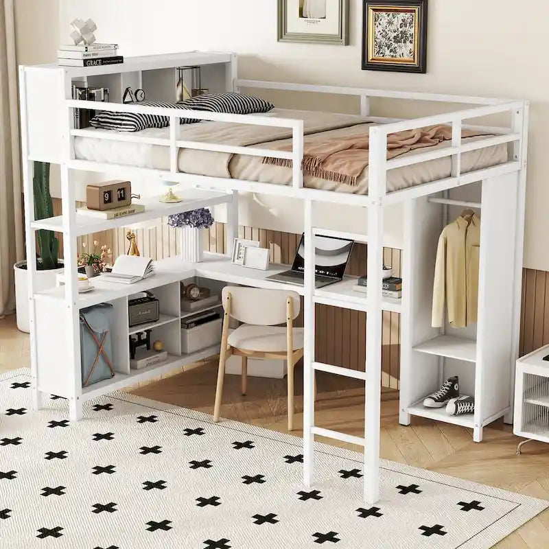 Lit mezzanine en métal pleine grandeur avec armoire, bureau en L et cubes de rangement