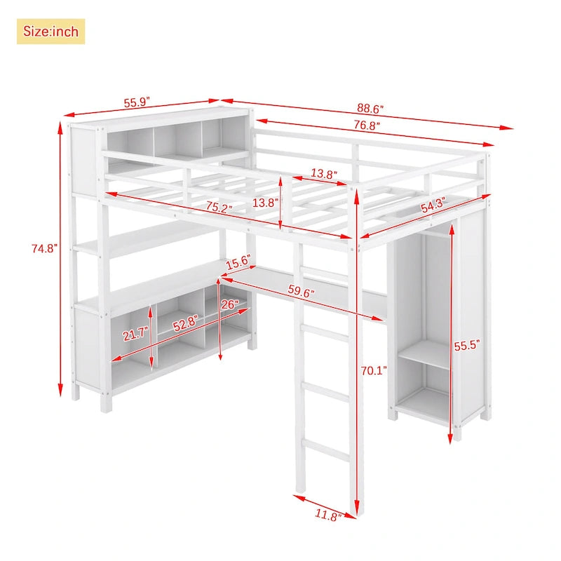 Lit mezzanine en métal pleine grandeur avec armoire, bureau en L et cubes de rangement