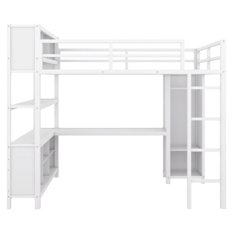Lit mezzanine en métal pleine grandeur avec armoire, bureau en L et cubes de rangement