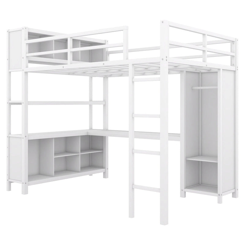 Lit mezzanine en métal pleine grandeur avec armoire, bureau en L et cubes de rangement