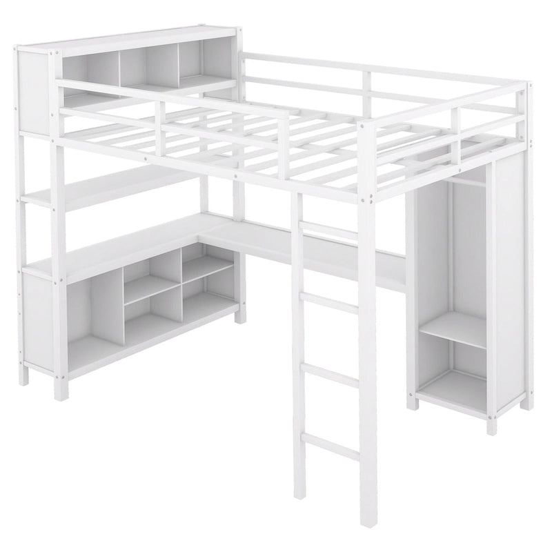 Lit mezzanine en métal pleine grandeur avec armoire, bureau en L et cubes de rangement