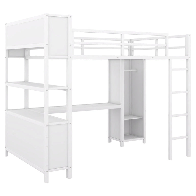 Lit mezzanine en métal pleine grandeur avec armoire, bureau en L et cubes de rangement