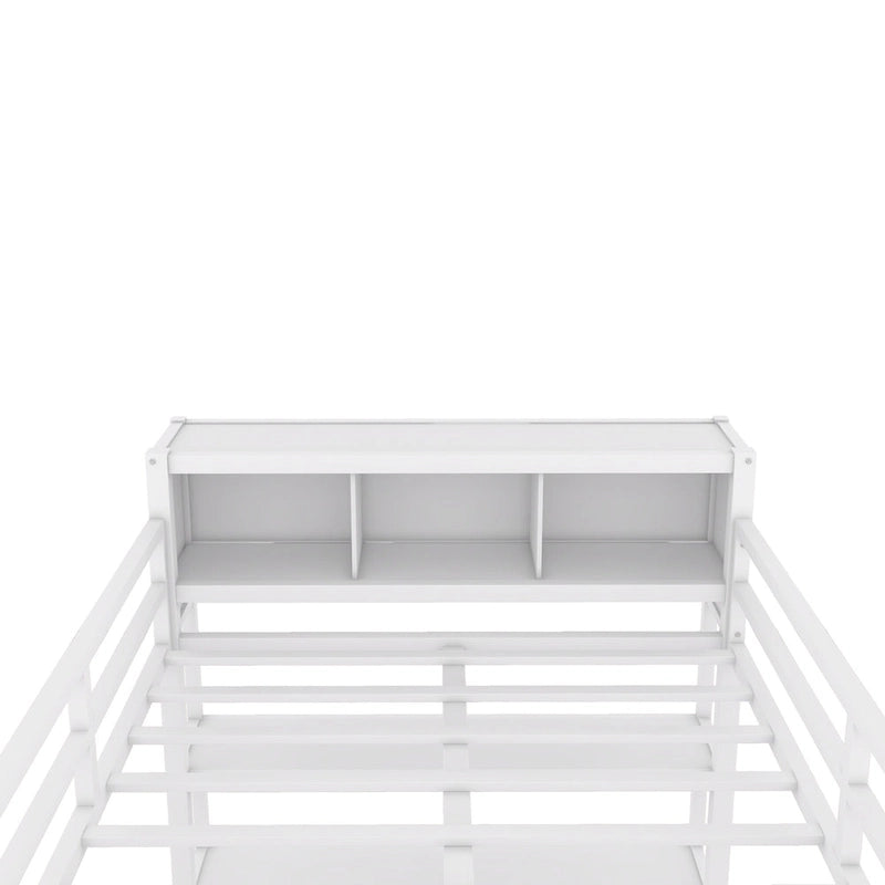 Lit mezzanine en métal pleine grandeur avec armoire, bureau en L et cubes de rangement