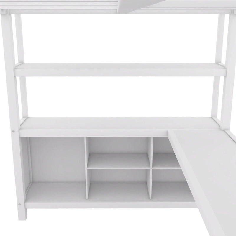 Lit mezzanine en métal pleine grandeur avec armoire, bureau en L et cubes de rangement