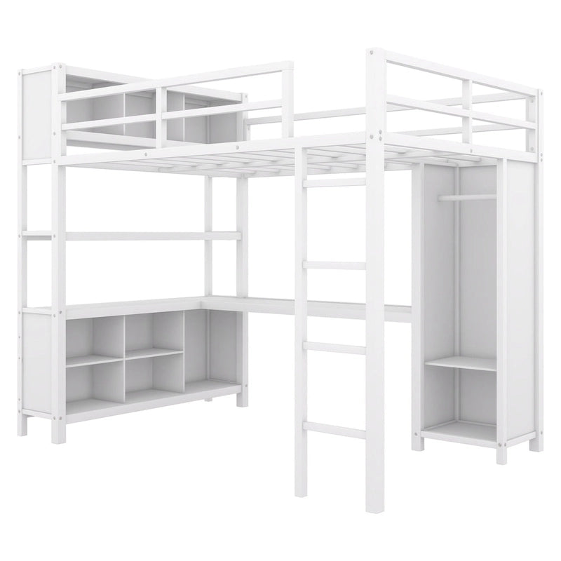 Lit mezzanine en métal pleine grandeur avec armoire, bureau en L et cubes de rangement