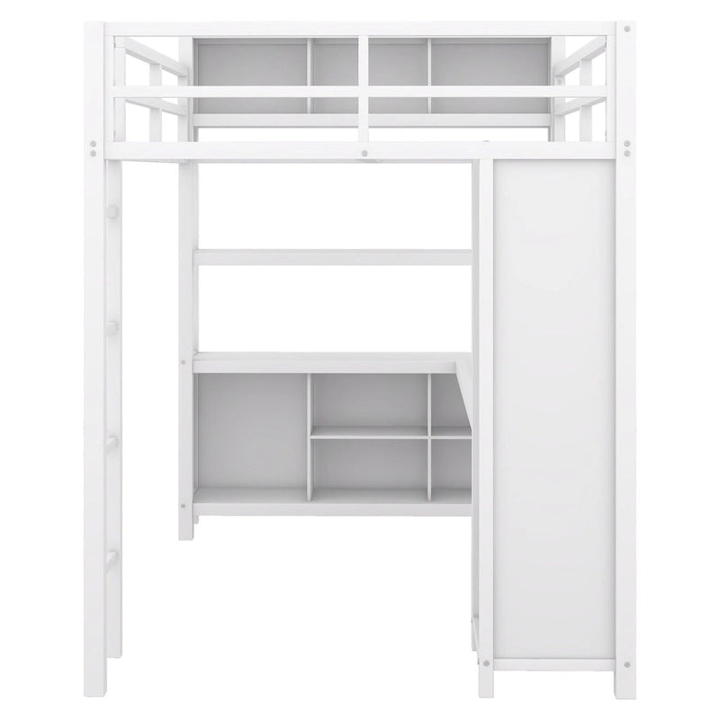 Lit mezzanine en métal pleine grandeur avec armoire, bureau en L et cubes de rangement