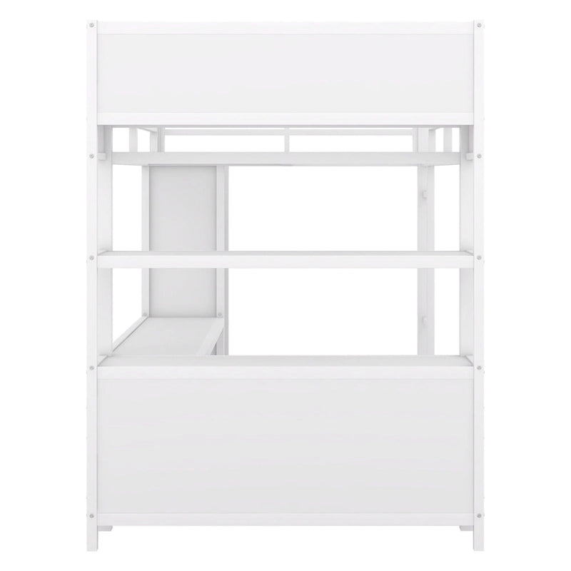 Lit mezzanine en métal pleine grandeur avec armoire, bureau en L et cubes de rangement