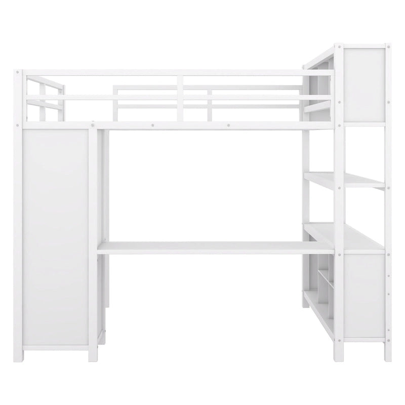 Lit mezzanine en métal pleine grandeur avec armoire, bureau en L et cubes de rangement