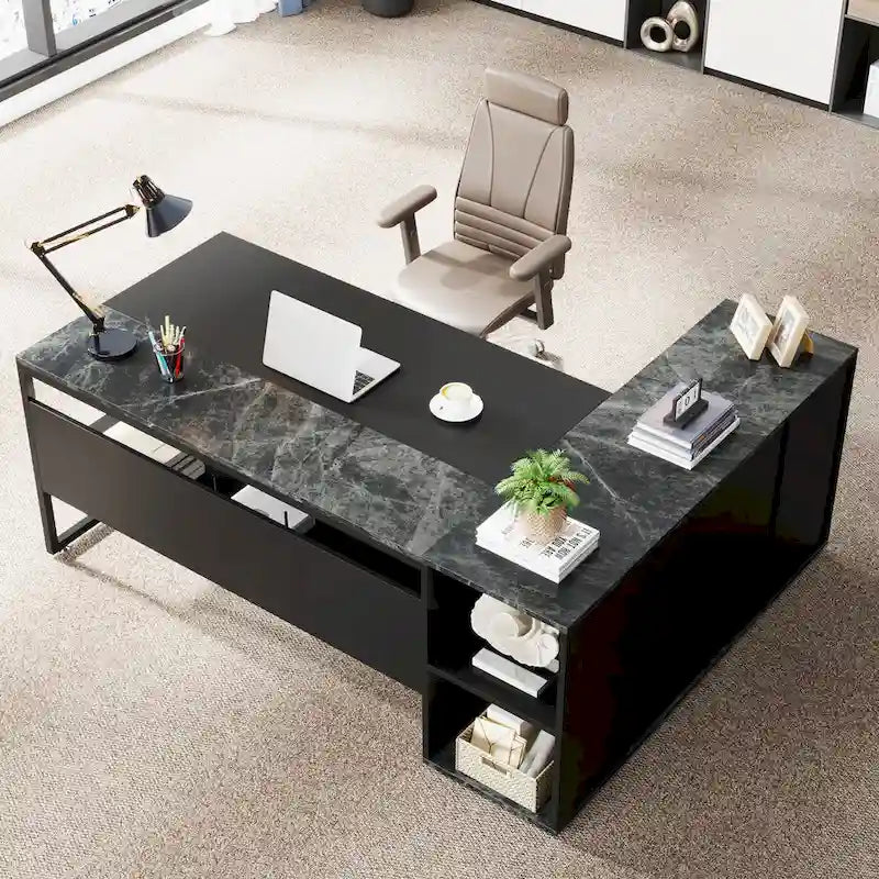 71 inch Executive Desk, L Shaped Desk with Cabinet and Shelves for Home Office