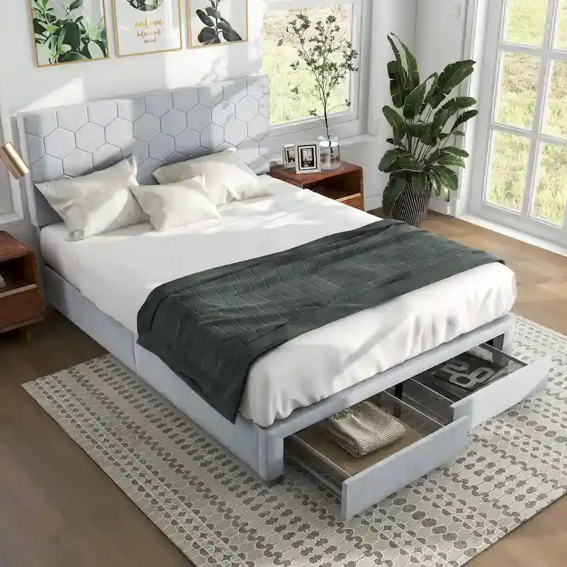 Lit d'invité moderne en velours gris avec rangement et tête de lit