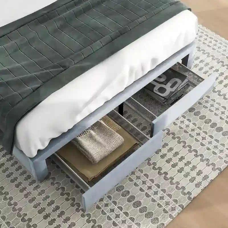 Lit d'invité moderne en velours gris avec rangement et tête de lit