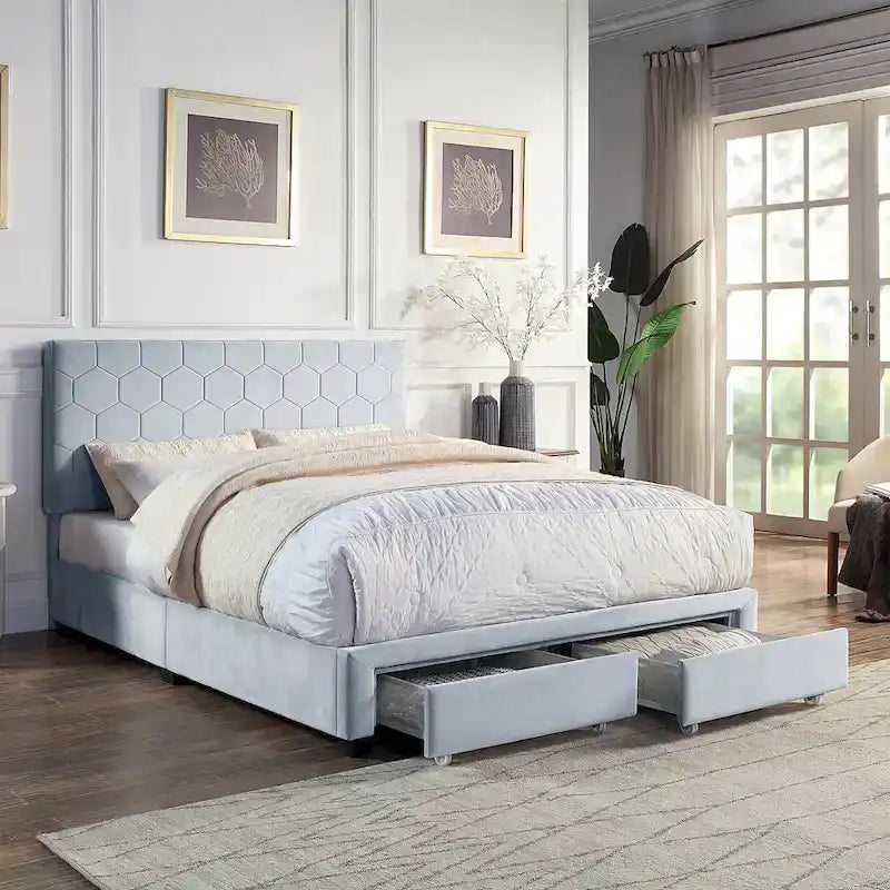 Lit d'invité moderne en velours gris avec rangement et tête de lit