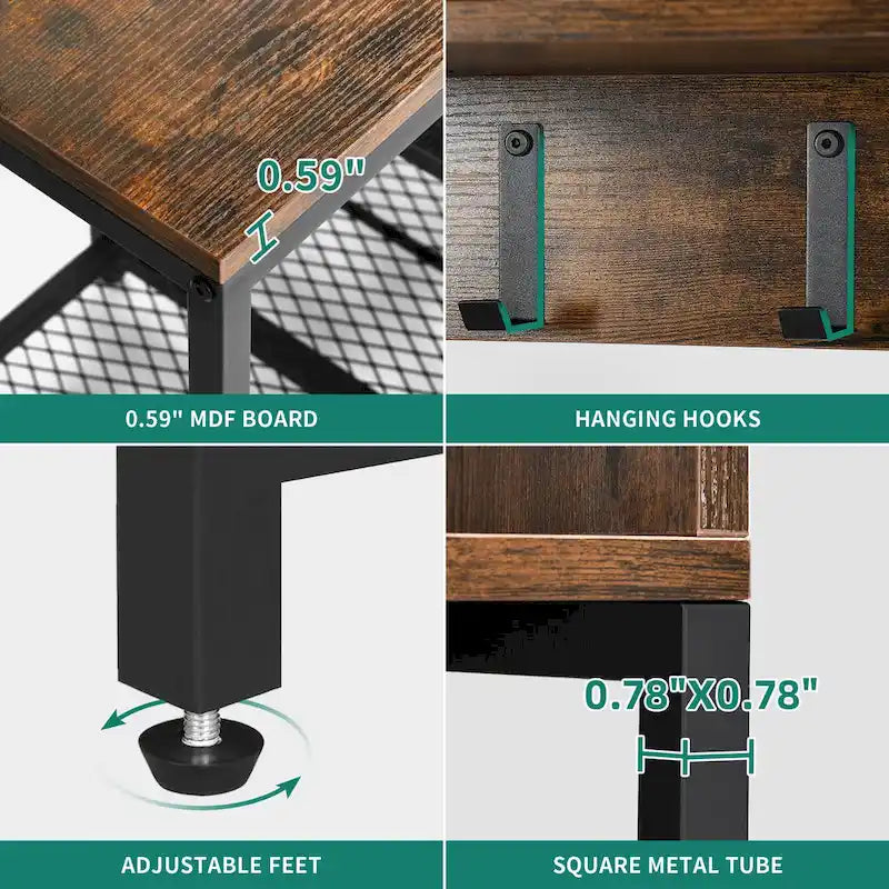 Banc d'entrée industriel avec porte-manteau, meuble d'entrée 5-en-1 avec rangement pour chaussures