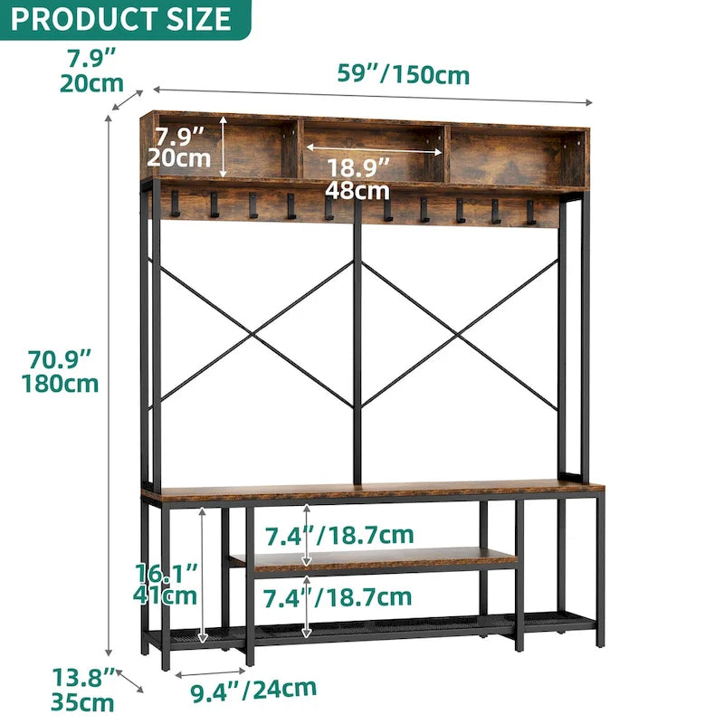 Banc d'entrée industriel avec porte-manteau, meuble d'entrée 5-en-1 avec rangement pour chaussures