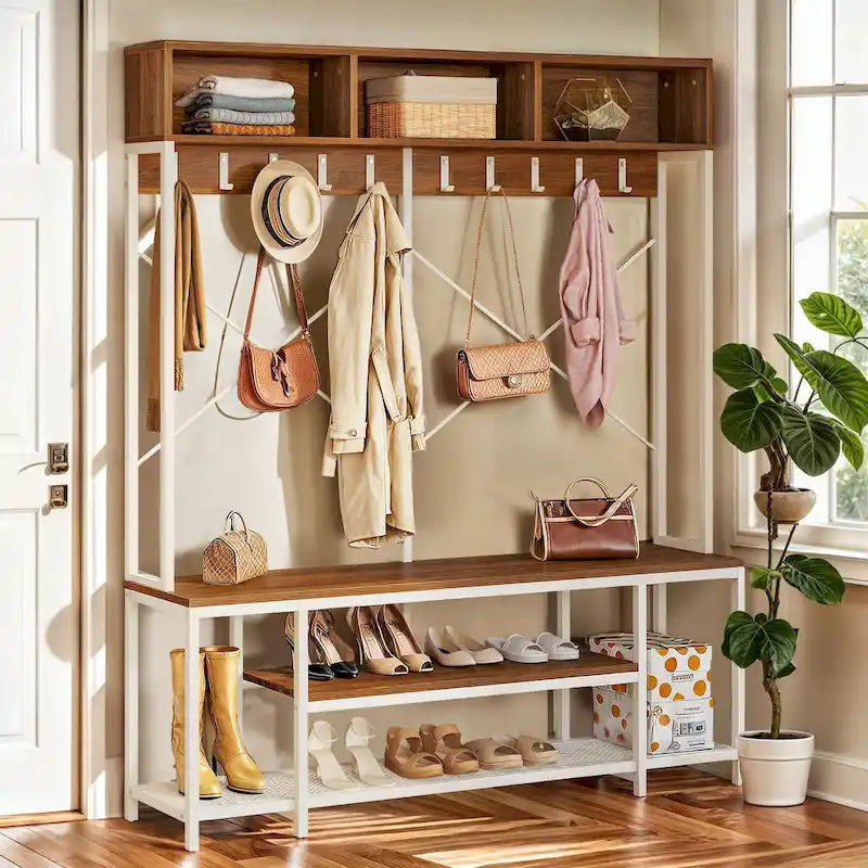 Banc d'entrée industriel avec porte-manteau, meuble d'entrée 5-en-1 avec rangement pour chaussures