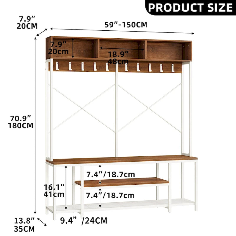 Banc d'entrée industriel avec porte-manteau, meuble d'entrée 5-en-1 avec rangement pour chaussures