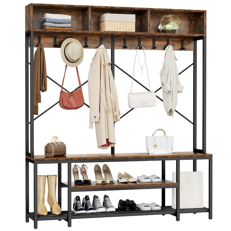 Banc d'entrée industriel avec porte-manteau, meuble d'entrée 5-en-1 avec rangement pour chaussures