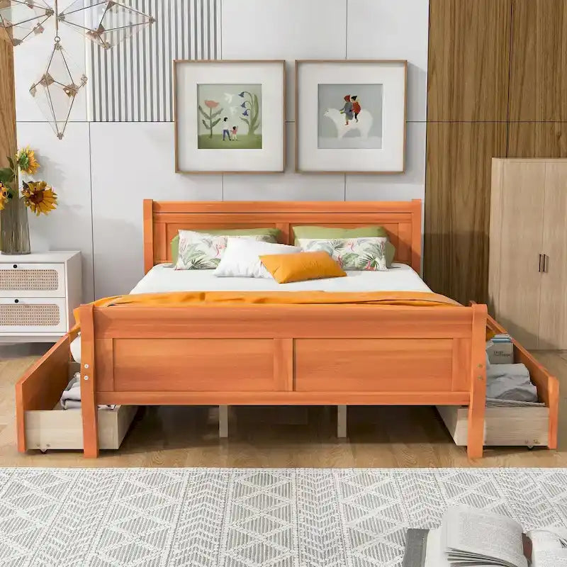 Wood Platform Bed with 4 Drawers and Streamlined Design