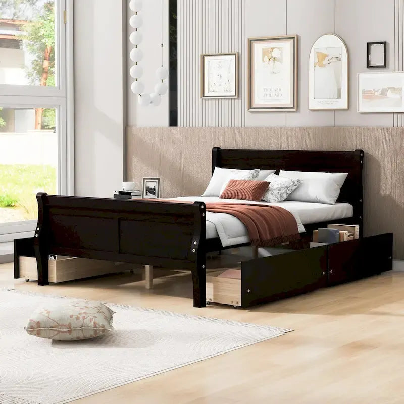 Lit plateforme en bois avec 4 tiroirs et design épuré