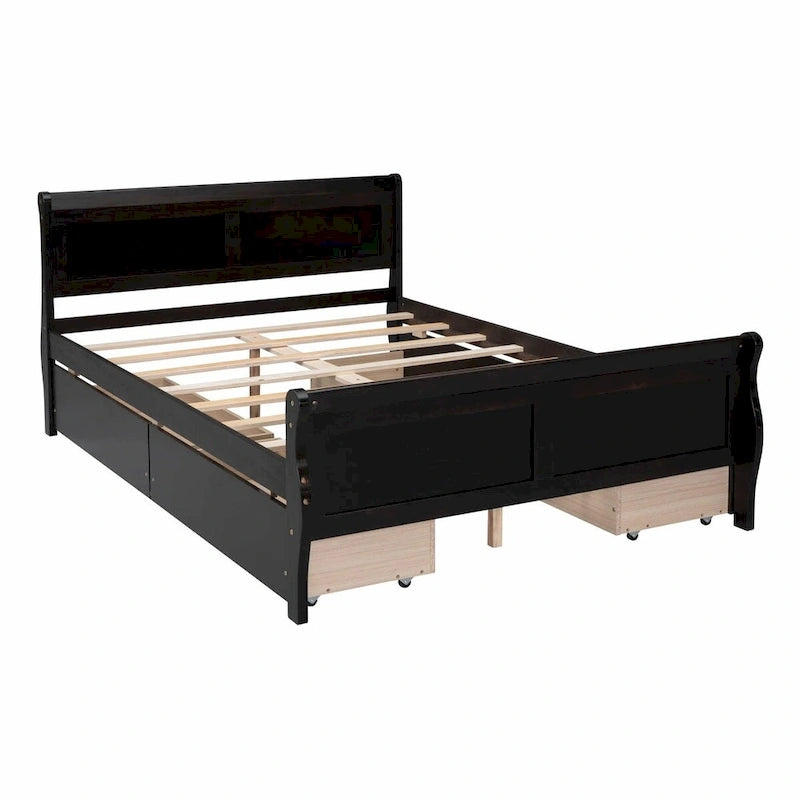 Lit plateforme en bois avec 4 tiroirs et design épuré