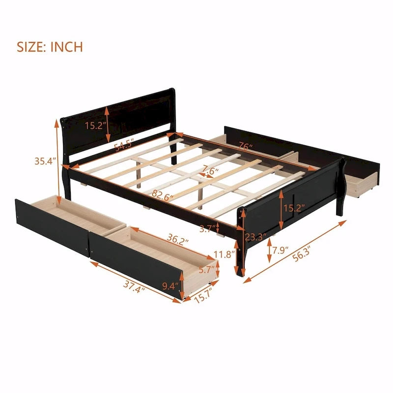 Lit plateforme en bois avec 4 tiroirs et design épuré