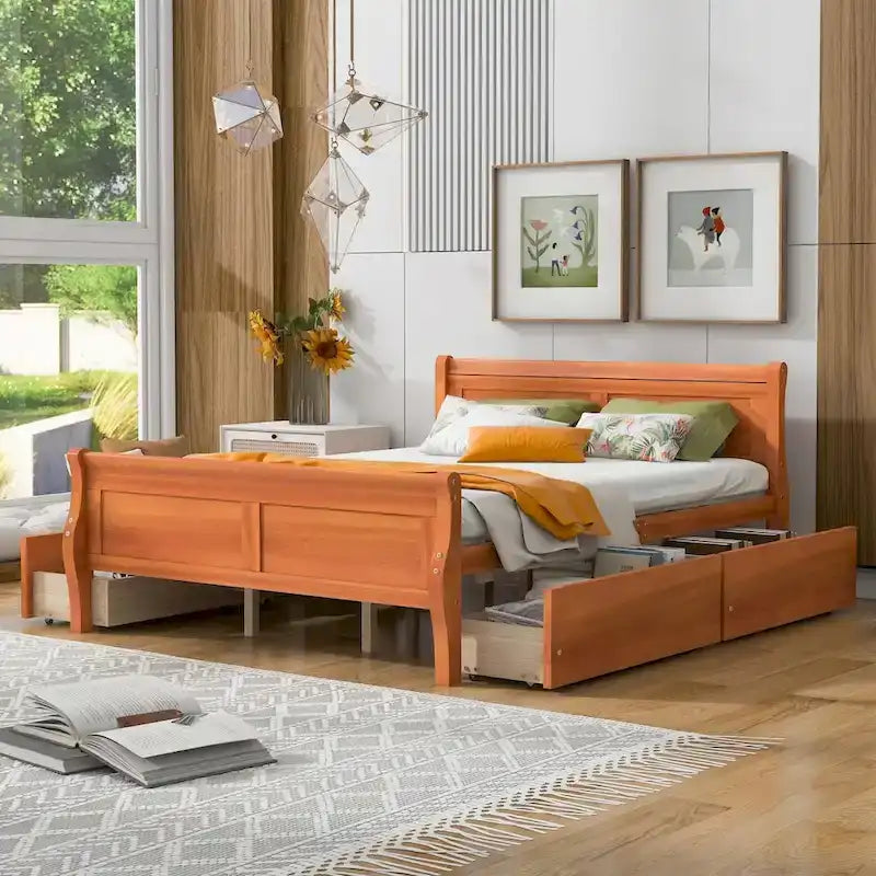 Lit plateforme en bois avec 4 tiroirs et design épuré