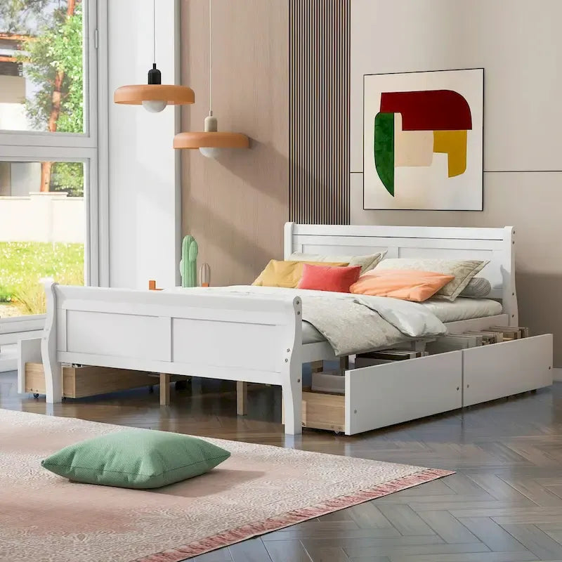 Lit plateforme en bois avec 4 tiroirs et design épuré