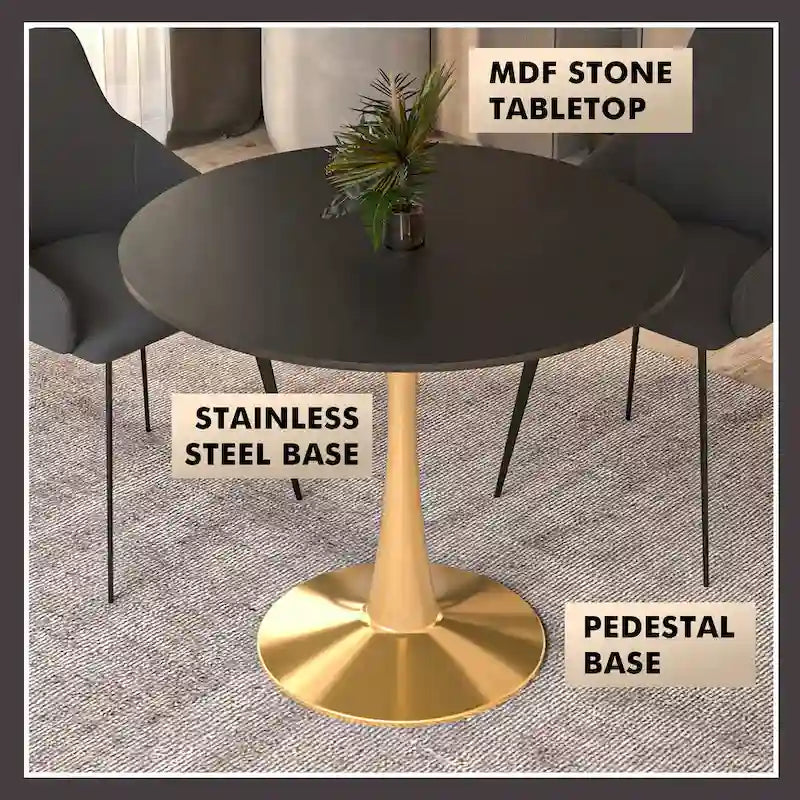 Table à manger ronde de 31 po pour 4 personnes avec plateau en MDF et piètement en acier doré pour cuisine et salle à manger