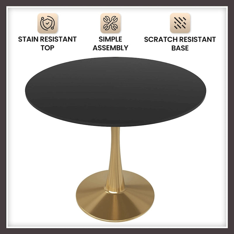 Table à manger ronde de 31 po pour 4 personnes avec plateau en MDF et piètement en acier doré pour cuisine et salle à manger